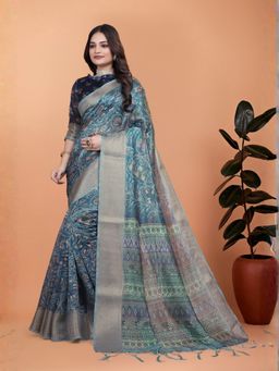 Odette - Blue Cotton Blend Printed Saree with Unstitched Blouse
