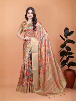 Odette - Multi-Color Cotton Blend Printed Saree with Unstitched Blouse