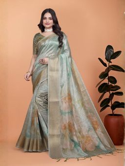Odette - Pastel Sage Green Cotton Blend Printed Saree with Unstitched Blouse