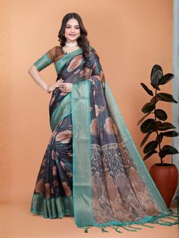 Odette - Dark Blue Cotton Blend Printed Saree with Unstitched Blouse