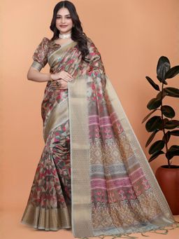 Odette - Multi-Color Cotton Blend Printed Saree with Unstitched Blouse