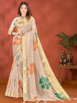 Odette - Cream Cotton Blend Printed Saree with Unstitched Blouse