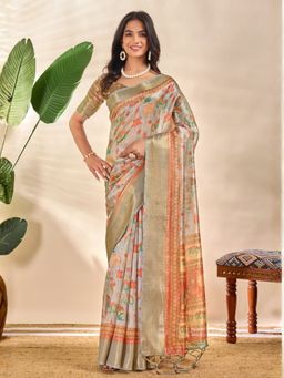Odette - Off White Cotton Blend Printed Saree with Unstitched Blouse