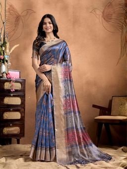 Odette - Steel Blue Cotton Blend Printed Saree with Unstitched Blouse