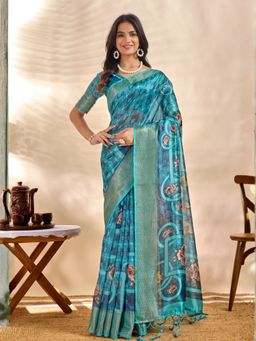 Odette - Blue Cotton Blend Printed Saree with Unstitched Blouse