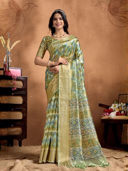Odette - Sage Green Cotton Blend Printed Saree with Unstitched Blouse