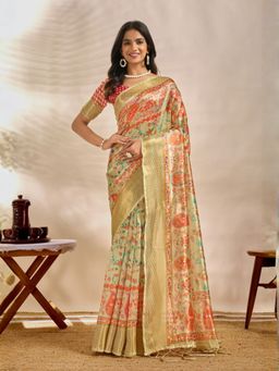 Odette - Green Cotton Blend Printed Saree with Unstitched Blouse