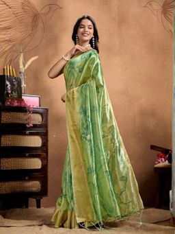 Odette - Pista Green Cotton Blend Printed Saree with Unstitched Blouse