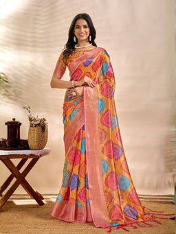 Odette - Yellow Cotton Blend Printed Saree with Unstitched Blouse