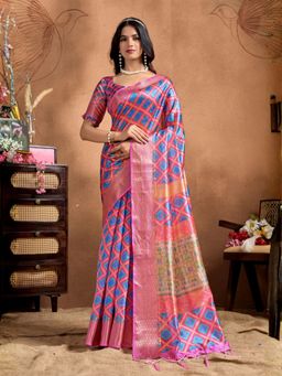 Odette - Pink Cotton Blend Printed Saree with Unstitched Blouse