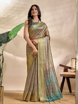 Odette - Sage Green Cotton Blend Printed Saree with Unstitched Blouse