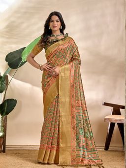 Odette - Olive And Gold Cotton Blend Printed Saree with Unstitched Blouse