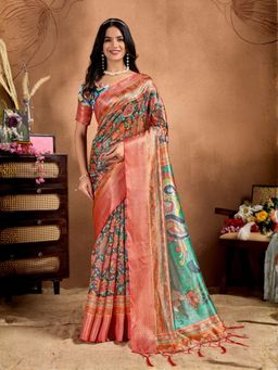 Odette - Green Cotton Blend Printed Saree with Unstitched Blouse