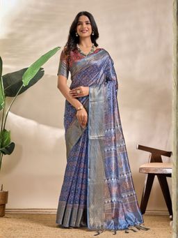 Odette - Steel Blue Cotton Blend Printed Saree with Unstitched Blouse