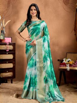 Odette - Sea Green Cotton Blend Printed Saree with Unstitched Blouse