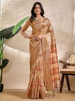 Odette - Beige Cotton Blend Printed Saree with Unstitched Blouse