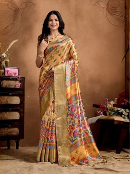 Odette - Beige Cotton Blend Printed Saree with Unstitched Blouse