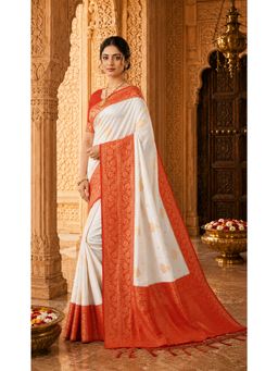 AMRUTKALA SAREES - White Kanjivaram Woven Saree with Unstitched Blouse