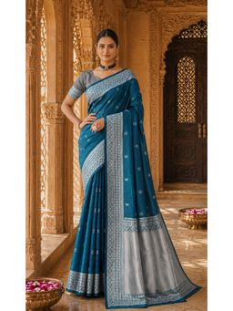 AMRUTKALA SAREES - Teal Kanjivaram Woven Saree with Unstitched Blouse