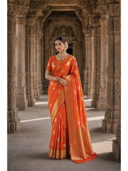 AMRUTKALA SAREES - Orange Kanjivaram Woven Saree with Unstitched Blouse
