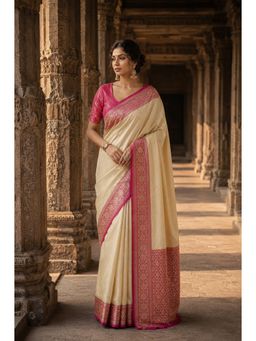 AMRUTKALA SAREES - Cream Kanjivaram Woven Saree with Unstitched Blouse