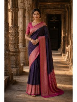 AMRUTKALA SAREES - Navy Blue Kanjivaram Woven Saree with Unstitched Blouse