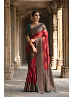 AMRUTKALA SAREES - Red Kanjivaram Woven Saree with Unstitched Blouse