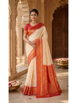 AMRUTKALA SAREES - Off White Kanjivaram Woven Saree with Unstitched Blouse