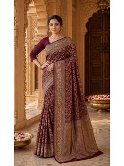 AMRUTKALA SAREES - Maroon Kanjivaram Woven Saree with Unstitched Blouse