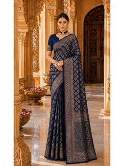 AMRUTKALA SAREES - Navy Blue Kanjivaram Woven Saree with Unstitched Blouse