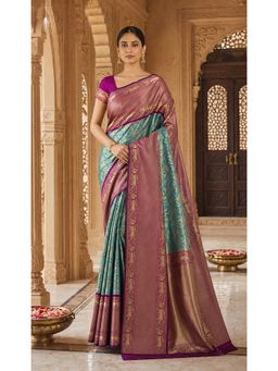 AMRUTKALA SAREES - Teal Kanjivaram Woven Saree with Unstitched Blouse