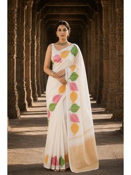 AMRUTKALA SAREES - White Kanjivaram Printed Saree with Unstitched Blouse
