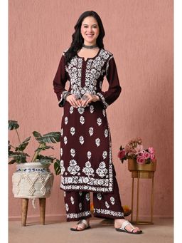 SYRISH - Brown Hand Embroidered Chikankari Rayon Kurta And Palazzo