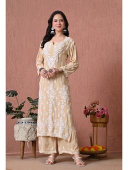 SYRISH - Beige Hand Embroidered Chikankari Kurta And Palazzo