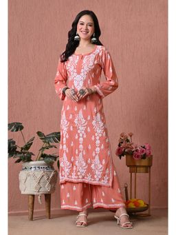 SYRISH - Peach Hand Embroidered Chikankari Kurta And Palazzo