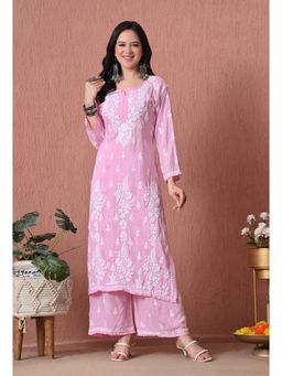 SYRISH - Pink Hand Embroidered Chikankari Kurta And Palazzo