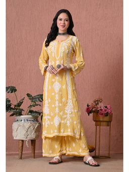 SYRISH - Yellow Hand Embroidered Chikankari Kurta And Palazzo