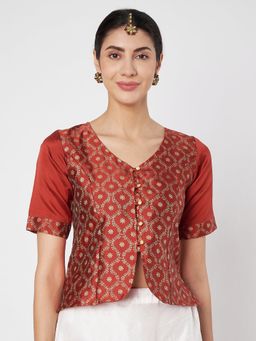 Studio Rasa - Silk Blend Maroon Block Printed Button Down Readymade Blouse