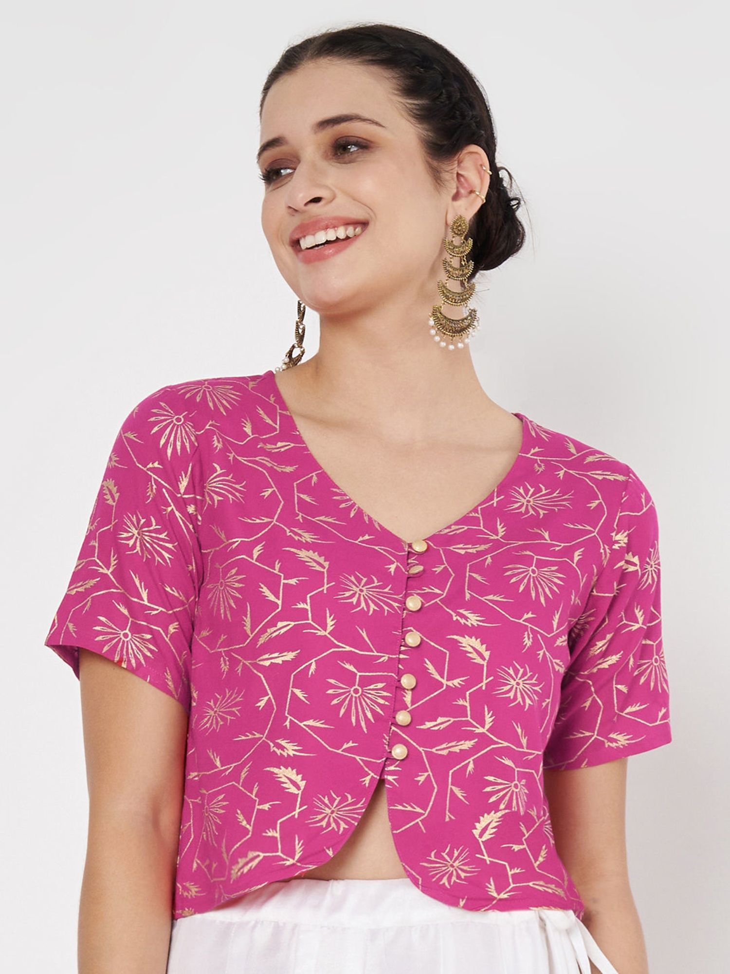 studio rasa Pink Viscose Block Printed Button Down Readymade Blouse-picture-19