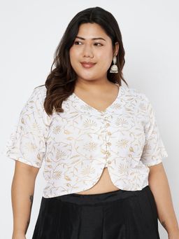 Studio Rasa - White Plus Size Viscose Block Printed Button Blouse