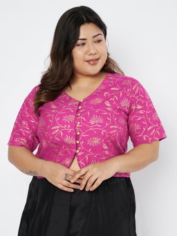 Studio Rasa - Pink Plus Size Viscose Block Printed Button Blouse