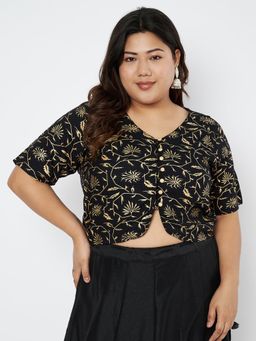 Studio Rasa - Black Plus Size Viscose Block Printed Button Blouse
