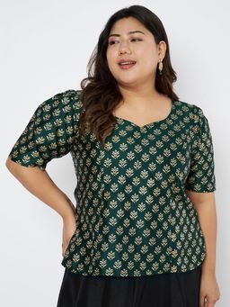 Studio Rasa - Green Plus Size Silk Blend Hand Block Printed Readymade Blouse