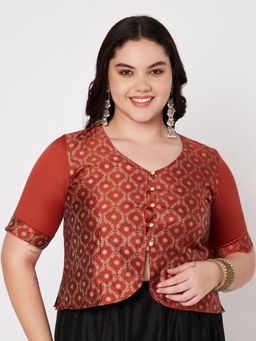 Studio Rasa - Maroon Plus Size Silk Blend Printed Button Down Blouse