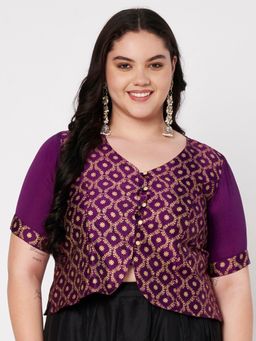 Studio Rasa - Purple Plus Size Silk Blend Printed Button Down Blouse