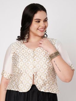 Studio Rasa - White Plus Size Silk Blend Printed Button Down Blouse