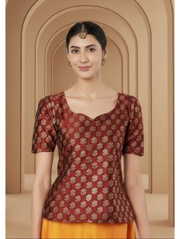 Studio Rasa - Maroon Plus Size Silk Blend Hand Block Printed Readymade Blouse