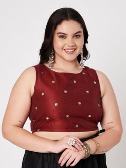 Studio Rasa - Maroon Plus Size Net Sequins Embroidered Blouse