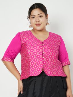 Studio Rasa - Pink Plus Size Silk Blend Printed Button Down Blouse