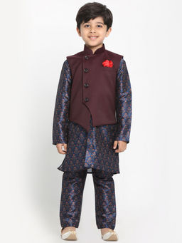 Vastramay - Boys Multicolor-Base-Blue Silk Blend Jacket Kurta and Pyjama (Set of 3)